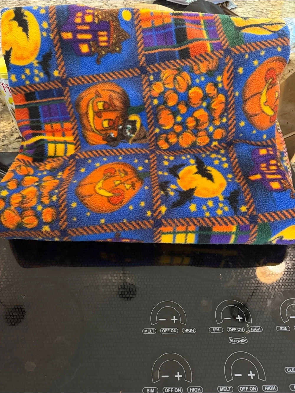 Halloween Patchwork Fleece Throw Blanket - Orange & Blue Pumpkin Motif